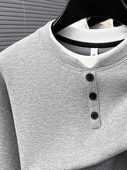 Men'S 3-Button Round Neck Faux Two-Piece Spring/Autumn Solid Color Sweatshirt, Regular Shoulder Long Sleeve Pullover, Spring/Autumn Season, Wearable As Single Piece Or Layering Piece - SINBOS - Light Grey