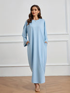 1pc Middle Eastern Sweatshirt Dress, Muslim Minimalist Solid Color Dress, Saudi Arabia Women's Elegant Round Neck Cover-Up Casual Inner Wear Dress with Pockets - Powder blue