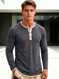 Men'S Retro Color-Block Casual Henley Long Sleeve, Spring Summer Autumn Regular Fit Fashionable Versatile T-Shirt, Solid Color, Knit Fabric, Breathable Comfortable Henley Long Sleeve, Half-Button Round Neck Design, Multiple Colors Available - Dark Gray