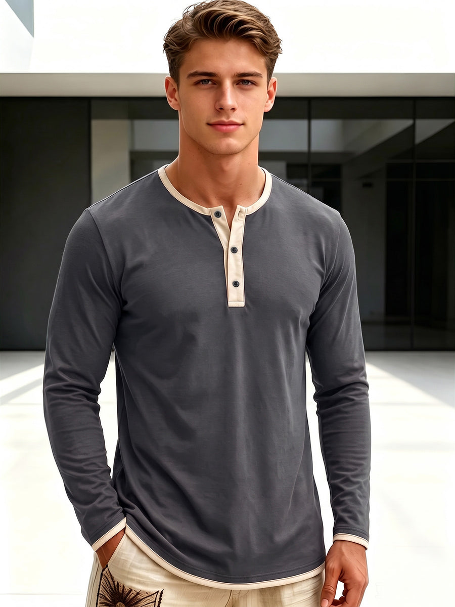 Men'S Retro Color-Block Casual Henley Long Sleeve, Spring Summer Autumn Regular Fit Fashionable Versatile T-Shirt, Solid Color, Knit Fabric, Breathable Comfortable Henley Long Sleeve, Half-Button Round Neck Design, Multiple Colors Available - Dark Gray