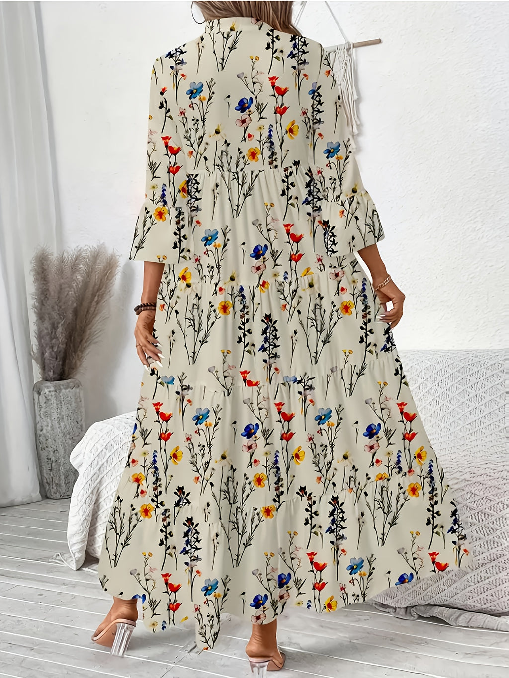 Directional Floral Print V-Neck Pleated Long-Sleeve Dress - Mixed colors