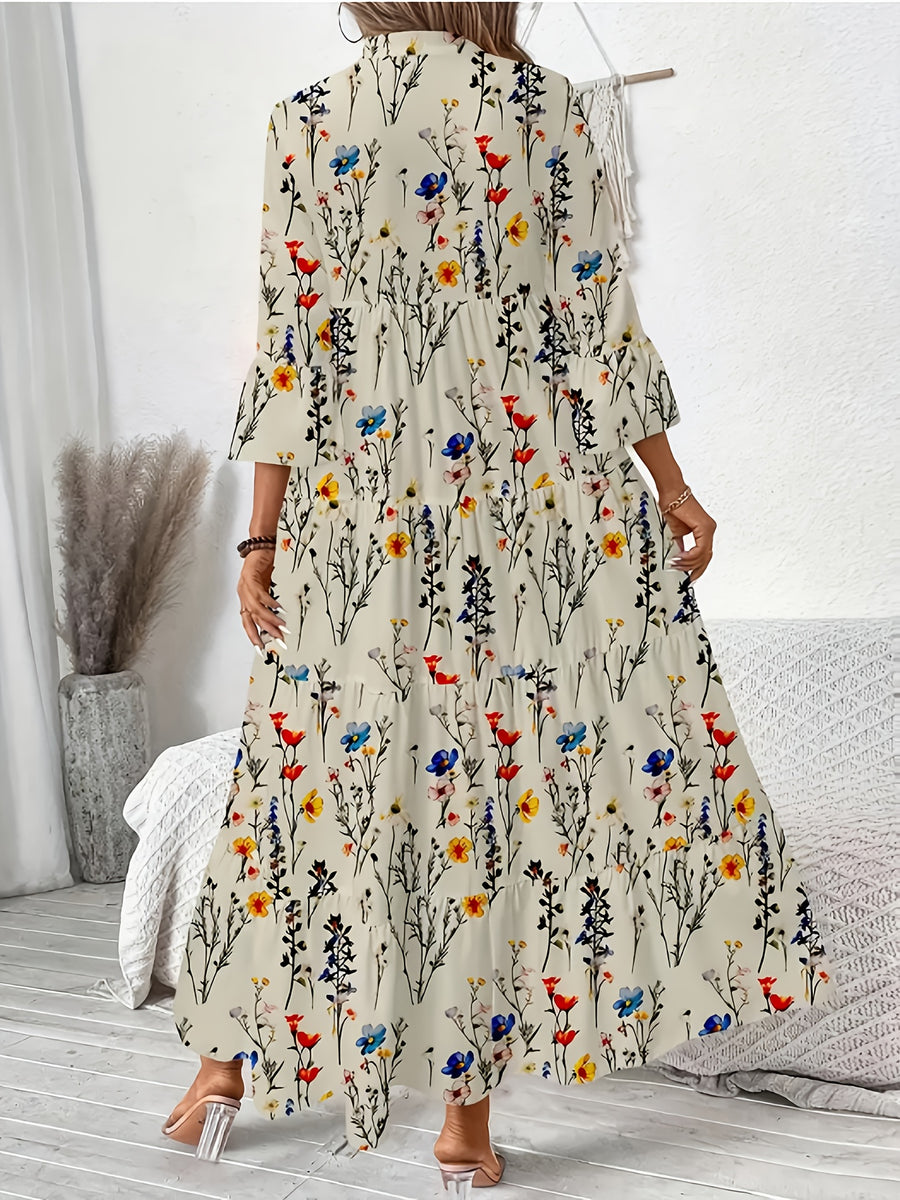 Directional Floral Print V-Neck Pleated Long-Sleeve Dress - Mixed colors