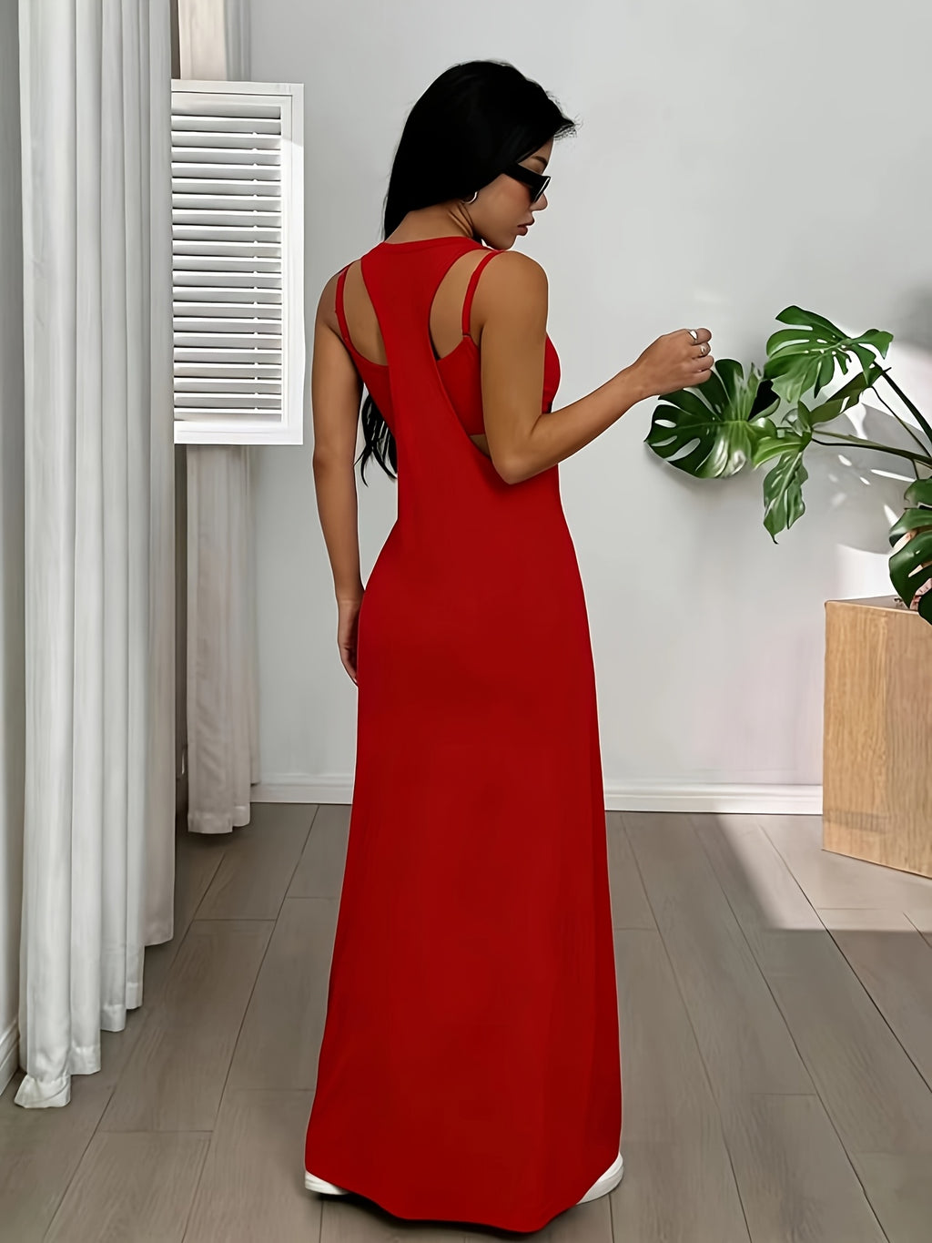 The Solid Color Asymmetrical Neckline Sleeveless Casual Dress Set Is Perfect for Summer Wear - Red