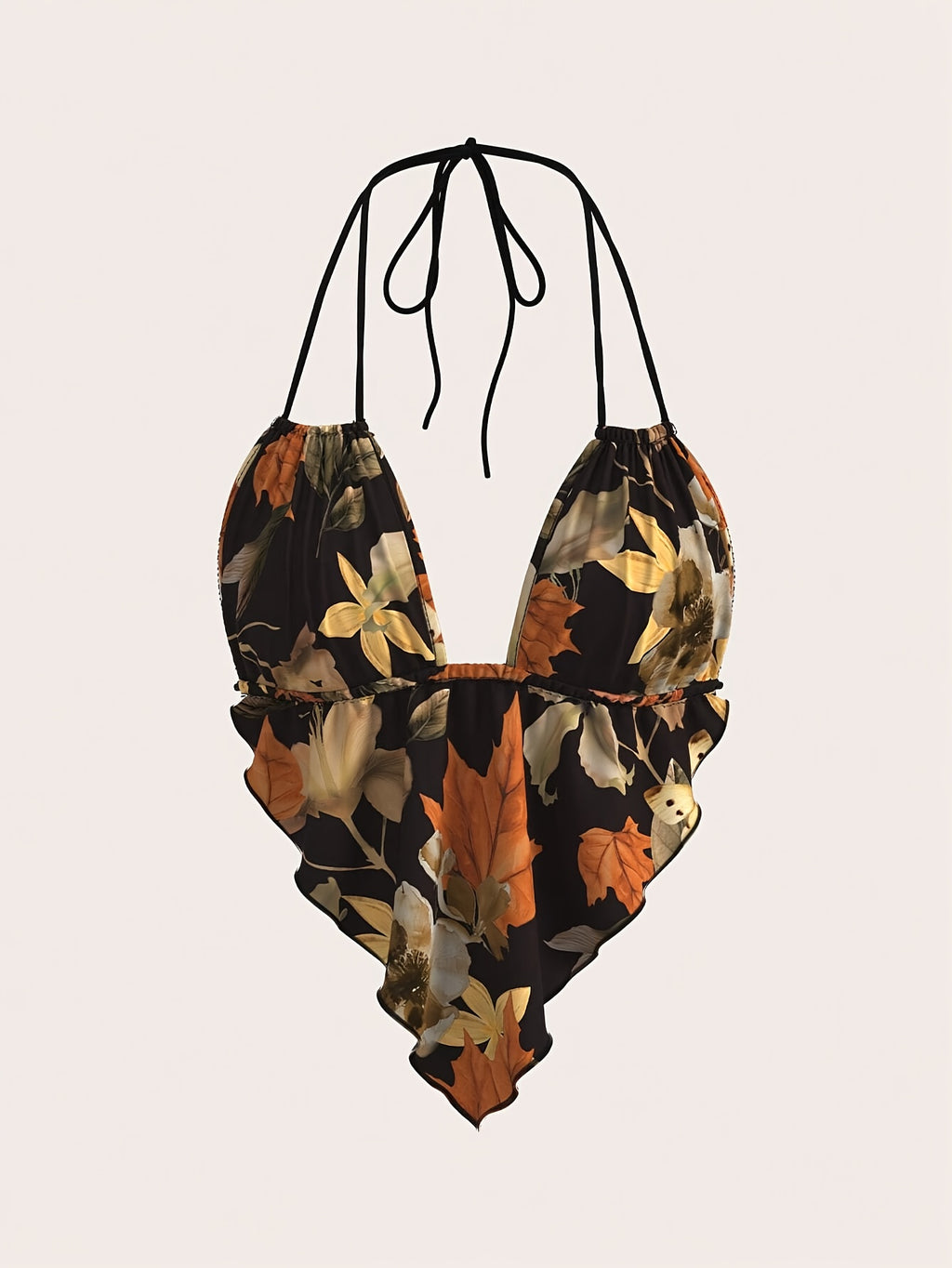 Women'S Floral Halter Drawstring Backless Sexy Camisole, Wavy Hem Heart-Shaped Tank Top - Multicolor