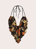 Women'S Floral Halter Drawstring Backless Sexy Camisole, Wavy Hem Heart-Shaped Tank Top - Multicolor