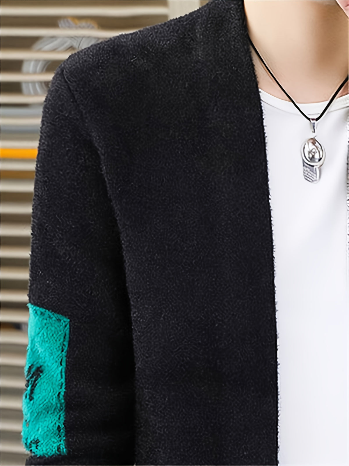 Yun Sui Nian OBM New Spring Men's Knitted Cardigan, Collarless Knit Sweater, Unique and Fashionable Style, Creates a Casual and Stylish Atmosphere, Men's Gift, Easter Gift - Black