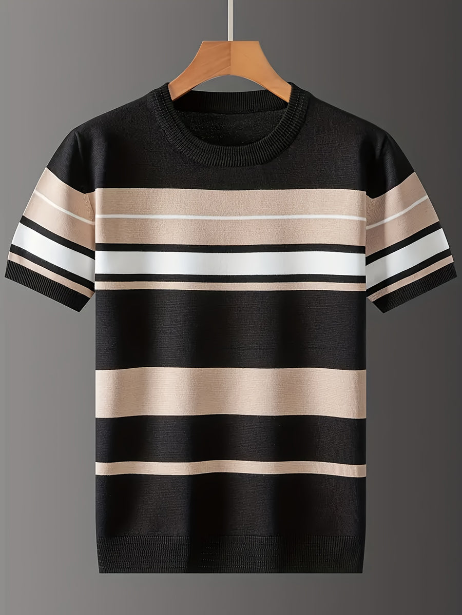 New Men'S Short-Sleeve Knitted T-Shirt for Summer, Trendy Brand with a Round Neck, Stylish Casual Striped Tee, Fashionable Men'S Clothing - Black