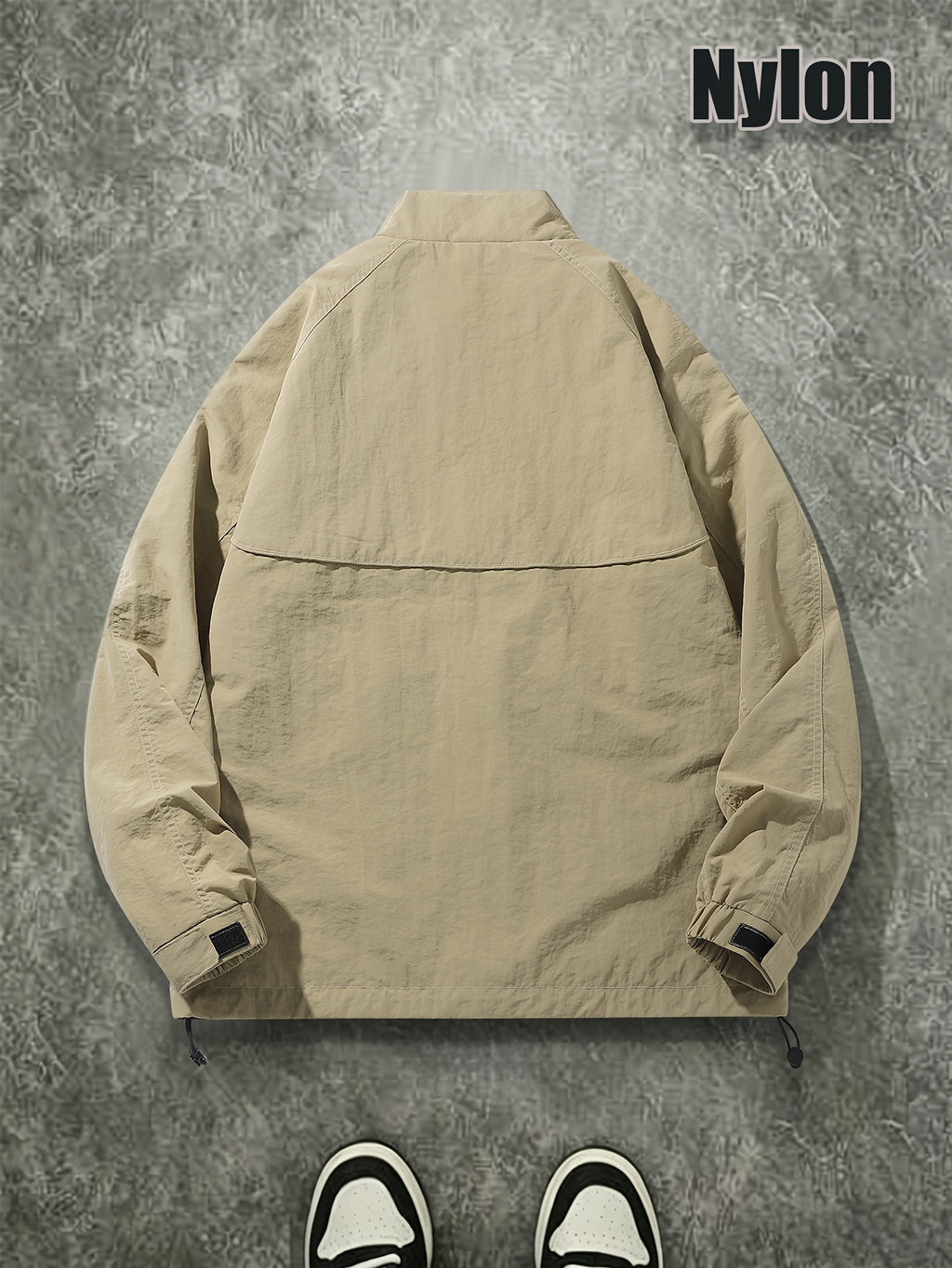 Men's Spring/Autumn American-Style Nylon Solid Color Stand Collar Jacket, Breathable Lightweight Windproof Functional Workwear Outerwear, Loose Fit Streetwear Casual Windbreaker - Khaki