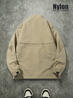 Men's Spring/Autumn American-Style Nylon Solid Color Stand Collar Jacket, Breathable Lightweight Windproof Functional Workwear Outerwear, Loose Fit Streetwear Casual Windbreaker - Khaki