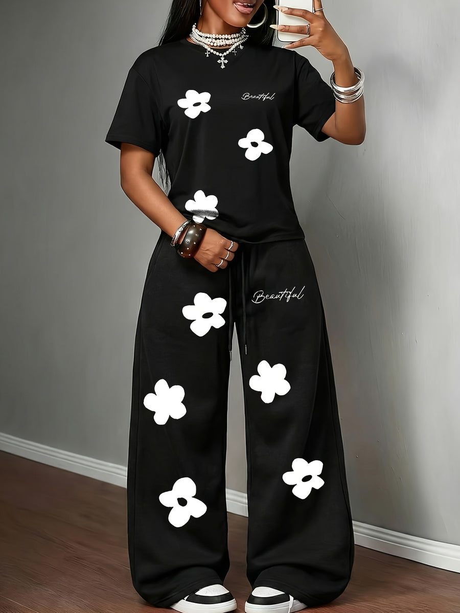 Spring/Summer New Set: 2pcs Outfit Featuring Hand-drawn Floral Print, Multi-color Round-neck Short-sleeve Top and Loose-fit Drawstring Straight-leg Pants. A Fashionable Y2K Streetwear Style with Hip-hop Y Vibes, Perfect for Summer Streetwear - Black