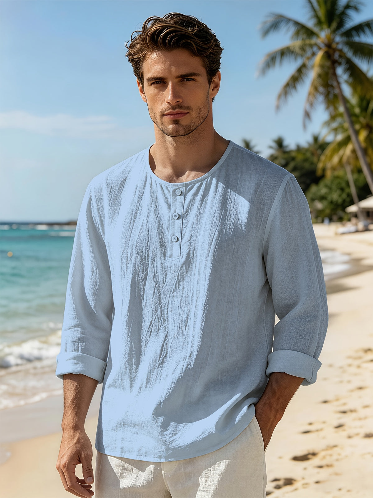Summer Men'S Linen Henley Collar Long Sleeve Shirt, Half-Button Casual Loose Breathable Top, Beach Vacation Commute Leisure All-Match Men'S Shirt - Blue