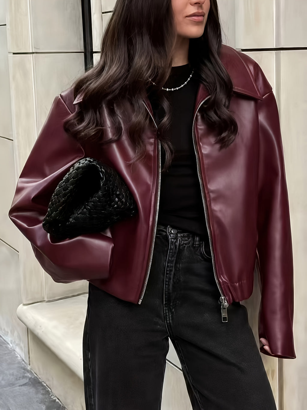 Ladies Fashion Casual Faux Leather Jacket Top - Burgundy