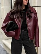 Ladies Fashion Casual Faux Leather Jacket Top - Burgundy
