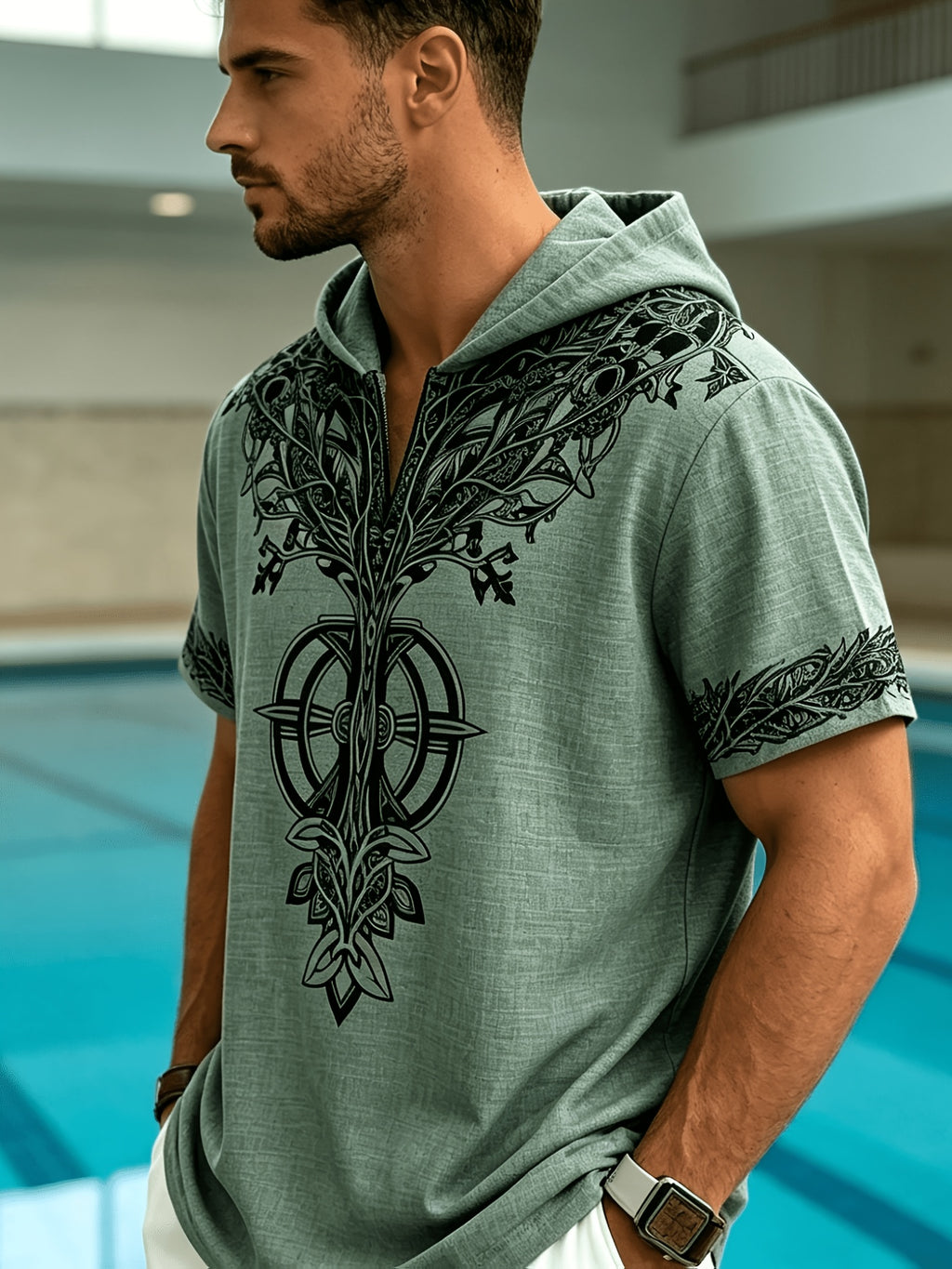 Men's Tree of Life Hooded T-Shirt - European & American Streetwear Style Short-Sleeve Top with Hood, Tree of Life Print, Machine Washable Regular Fit Casual Shirt Suitable for Casual Attire, Brand Label - Olive Green