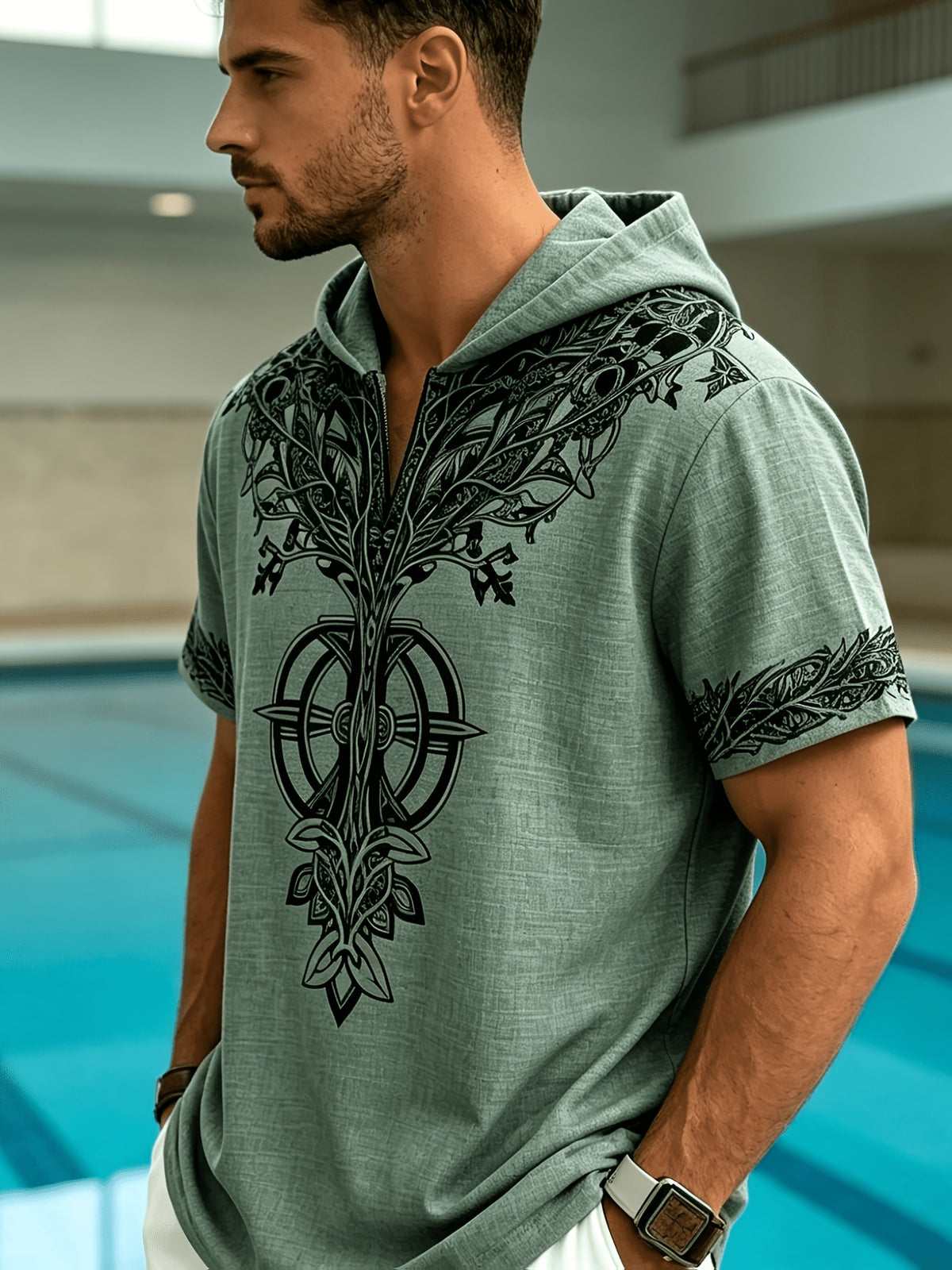 Men's Tree of Life Hooded T-Shirt - European & American Streetwear Style Short-Sleeve Top with Hood, Tree of Life Print, Machine Washable Regular Fit Casual Shirt Suitable for Casual Attire, Brand Label - Olive Green