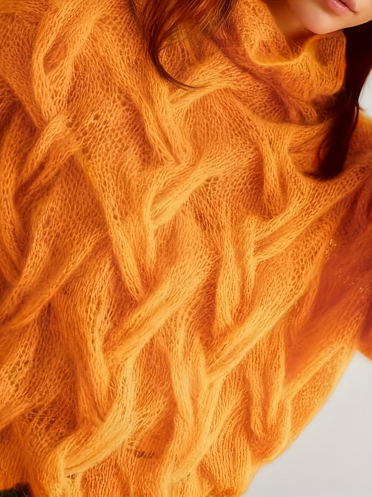 Valentine'S Day Festive Atmosphere Outfit for Women, Featuring a Lightweight, Sheer, Semi-Turtleneck Sweater with a Hollow Design, Perfect for a Relaxed, Soft, And Loose Style for Autumn And Winter - Orange-Red