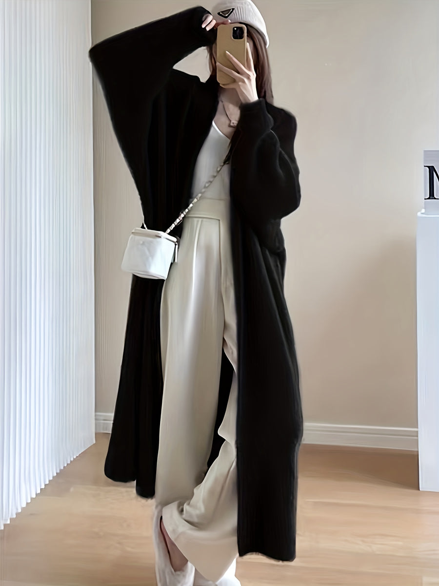 Spring 2025 Fashion Faux Mink Cardigan Sweater Coat, Mid-Length Loose Lazy Style Outerwear, Gentle And Elegant Long Over-The-Knee Cardigan Sweater - Black