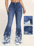 [Printed Pants - Not Faux Denim Fabric]Printed Legging - Not Faux Denim Fabric Targeted Development of European And American Women'S New Fashion Elegant Comfortable Digital Printing Imitation Faux Denim Pants Trousers Plant Non-Faux Denim Fabr - Navy Color
