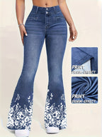 [Printed Pants - Not Faux Denim Fabric]Printed Legging - Not Faux Denim Fabric Targeted Development of European And American Women'S New Fashion Elegant Comfortable Digital Printing Imitation Faux Denim Pants Trousers Plant Non-Faux Denim Fabr - Navy Color