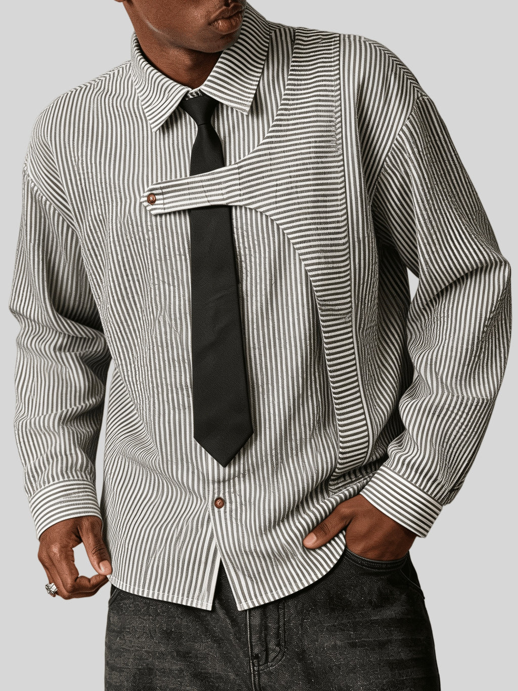 Men's Striped Long-Sleeve Shirt with Free Tie - New Spring, Summer, Autumn Niche Design Lapel Striped Casual Shirt - Suitable for Daily Outings, Commuting to Work, Dates, and as a Gift for Friends and Family - Stylish and Versatile Long-Sleeve Shirt - Black And White Stripes