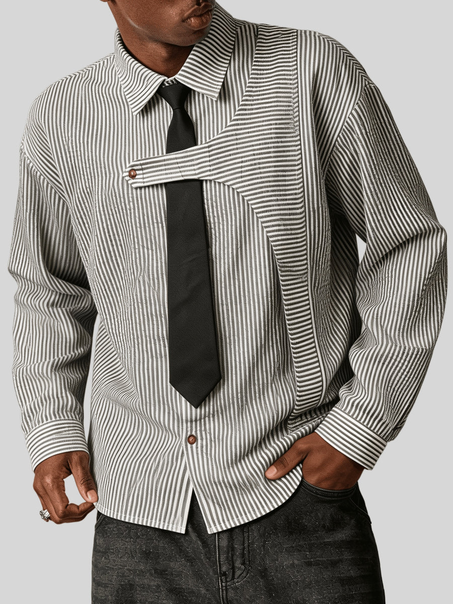 Men's Striped Long-Sleeve Shirt with Free Tie - New Spring, Summer, Autumn Niche Design Lapel Striped Casual Shirt - Suitable for Daily Outings, Commuting to Work, Dates, and as a Gift for Friends and Family - Stylish and Versatile Long-Sleeve Shirt - Black And White Stripes