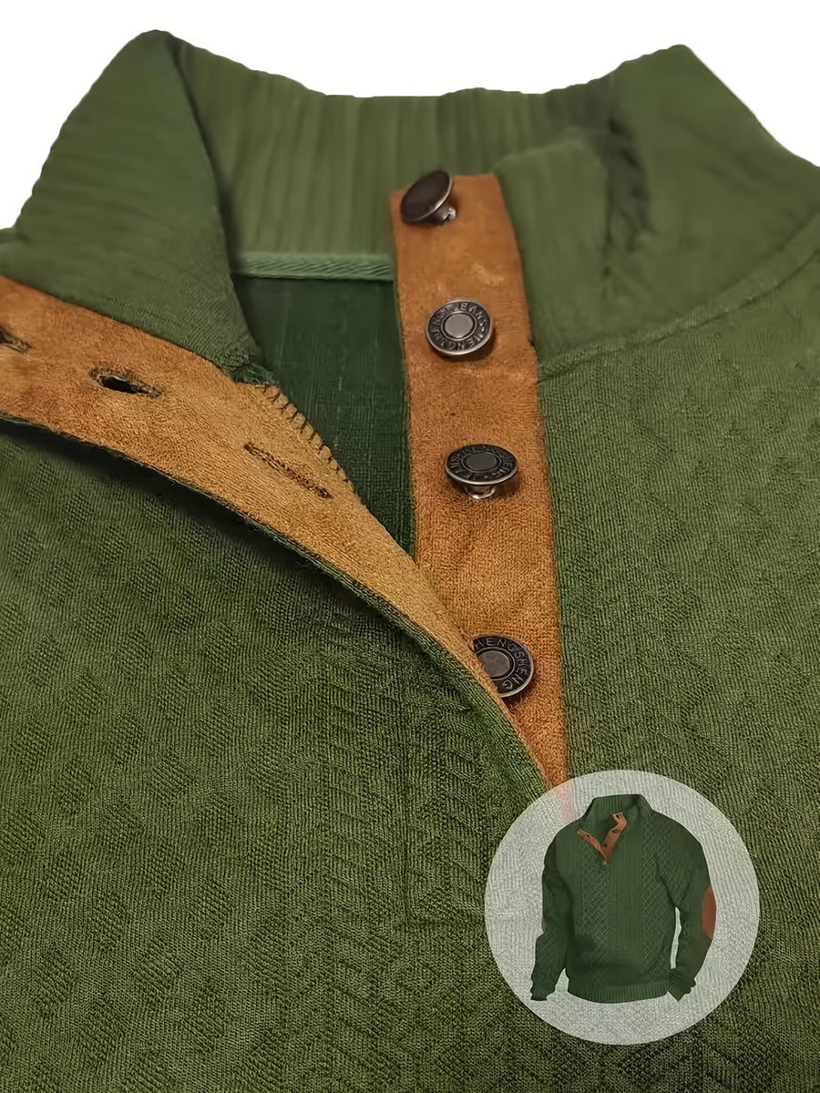 Men'S Casual Sports Sweater, Knit Sweater, American Casual Textured Diamond Knit Top, Men'S Stand Collar Contrast Color Button-Up Loose All-Match Retro Velvet Sweater Jacket, Autumn Winter Casual Sweater, Multi-Color Available - Military Green