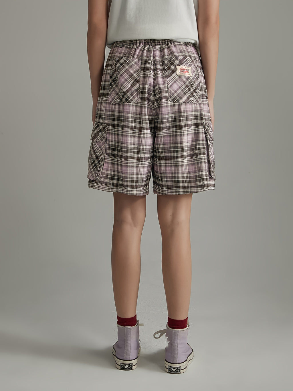 NO ONE ELSE Vintage Plaid Casual Pants for Women, Summer Academic Style Wide-Leg Cargo Shorts - Purple Lattice