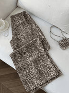 Retro Fashion Leopard Print Wide-leg Pants, Elastic Waistband, Suitable for Vacation, Shopping, Dates, Parties, Daily Casual Wear, All-season Style, Versatile Style. - Light Beige