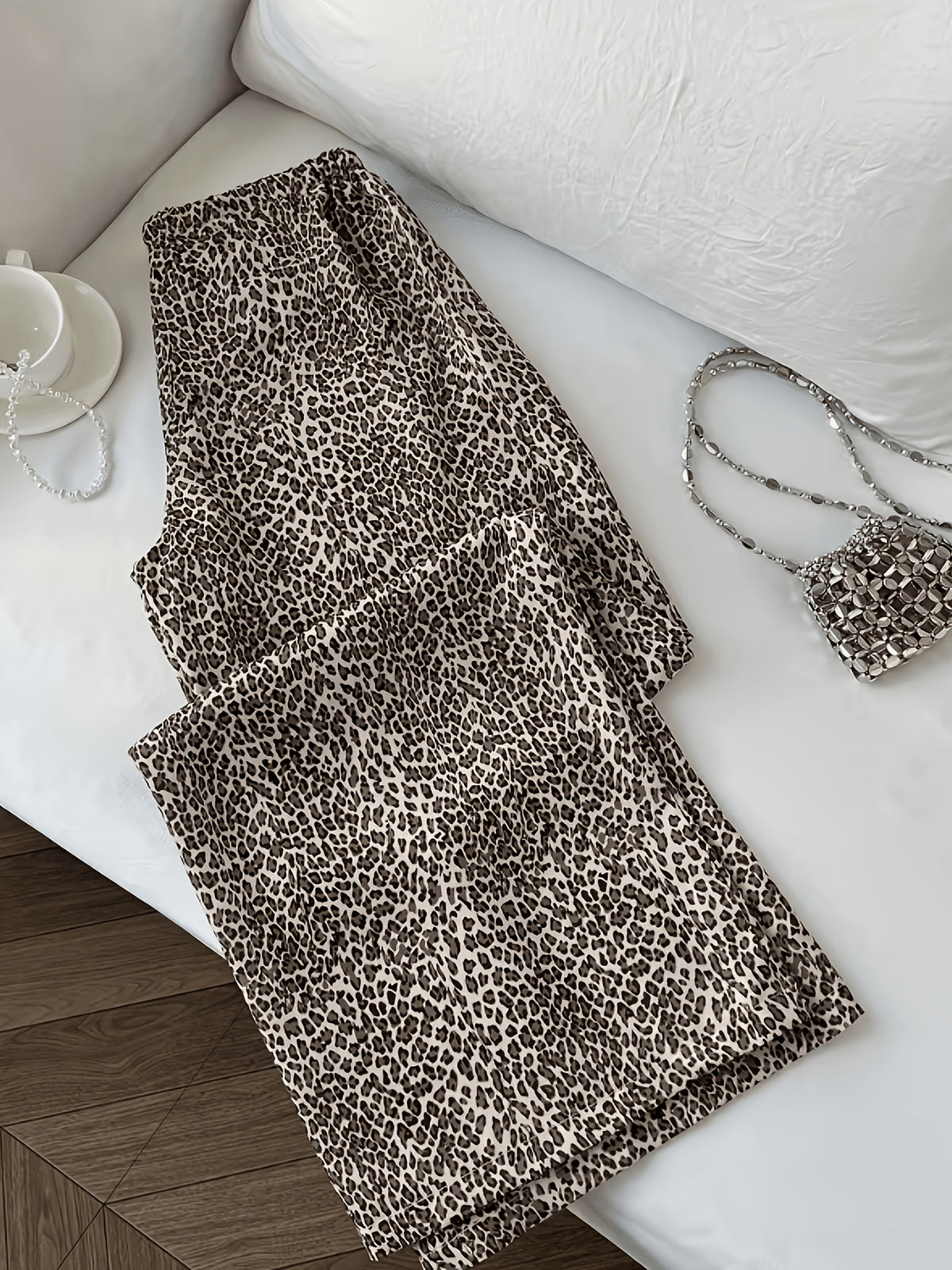Retro Fashion Leopard Print Wide-leg Pants, Elastic Waistband, Suitable for Vacation, Shopping, Dates, Parties, Daily Casual Wear, All-season Style, Versatile Style. - Light Beige