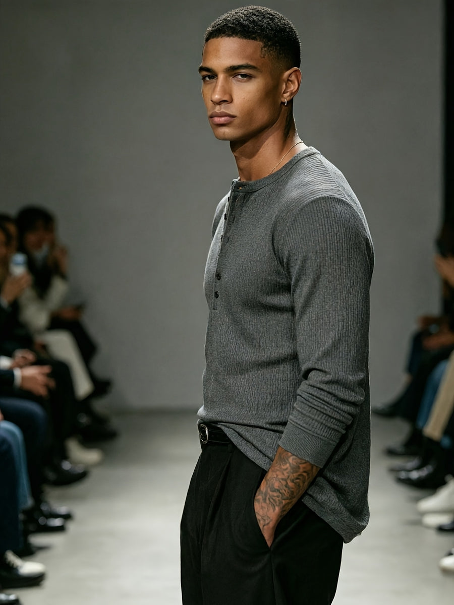 [Josh Mei OBM] Western Minimalist Men'S White Henley Shirt, Premium Gray Texture V-Neck Top, Urban Gentleman Casual Commute Wear - Dark Gray