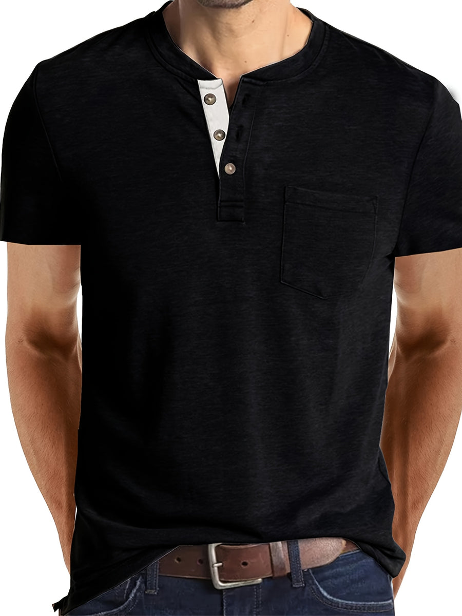 Men'S Summer Round Neck Short Sleeve T-Shirt Henley Shirt Pocket Top - Black