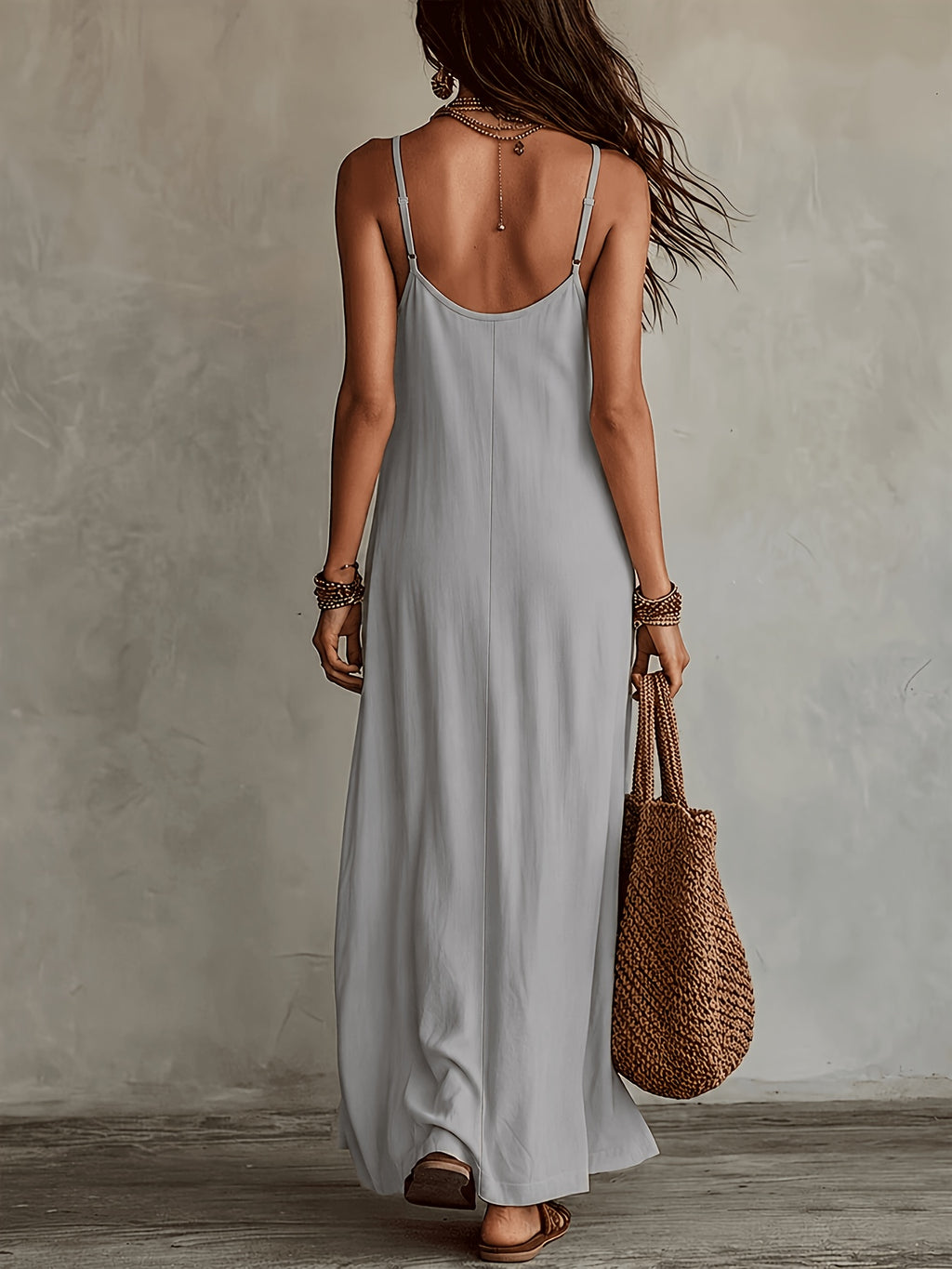 Women'S Spaghetti Strap Maxi Dress, V-Neck Loose Flowing Long Dress, Bohemian Casual Beach Vacation Summer Beach Dress - Light Grey
