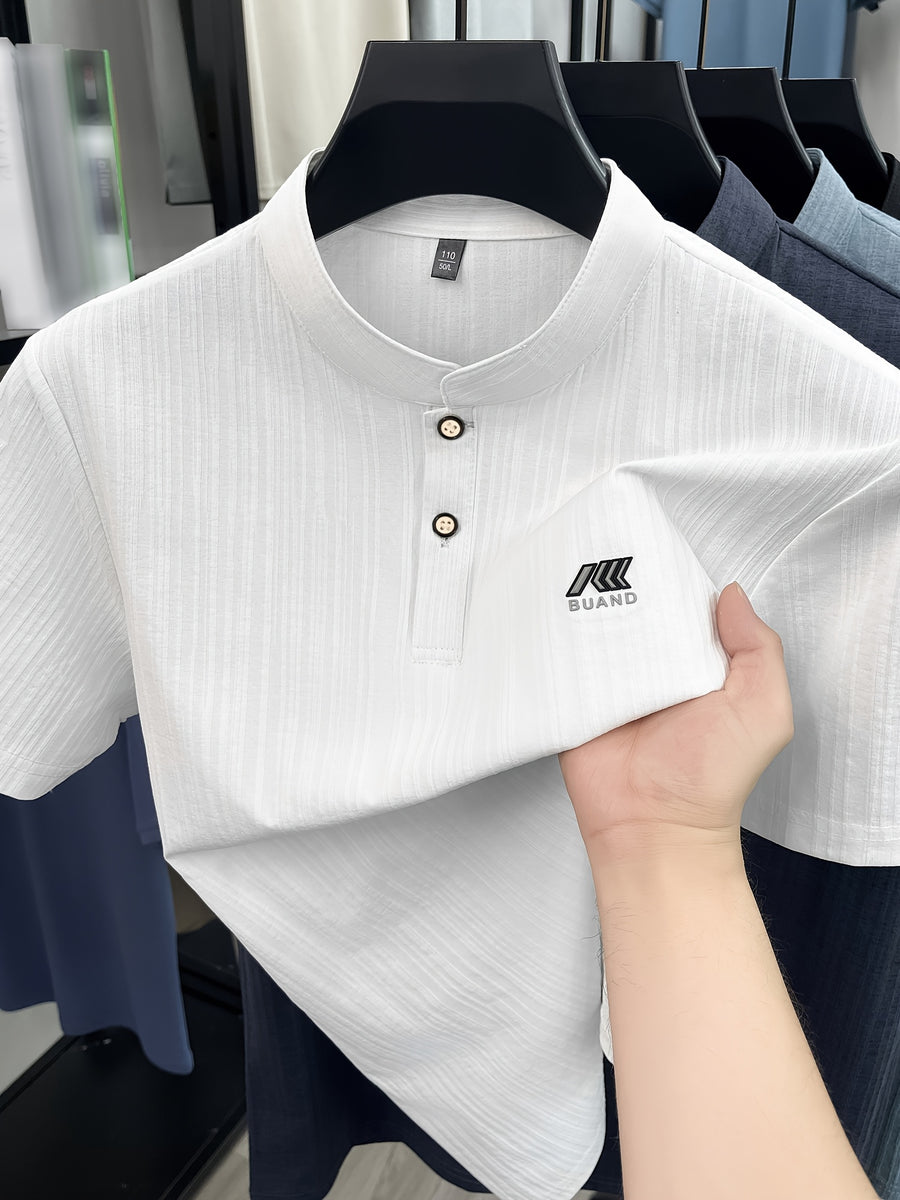 [Slight Stretch | Size up for Loose Fit] New Spring/Summer Men's Henry Shirt, Solid Color Half-Open Placket Single-Breasted Stand Collar Short Sleeve T-Shirt, Men's Business Casual Fashionable Breathable Versatile Polo Shirt, Chest Print Basic Tee - White