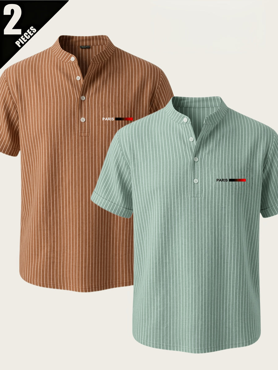 2pcs Men'S Striped Henley Shirt Set, PARIS Chest Print Short Sleeve Shirt, Lightweight Breathable Regular Fit, Suitable for Casual Wear, Travel, And Layering - Coffee+Green