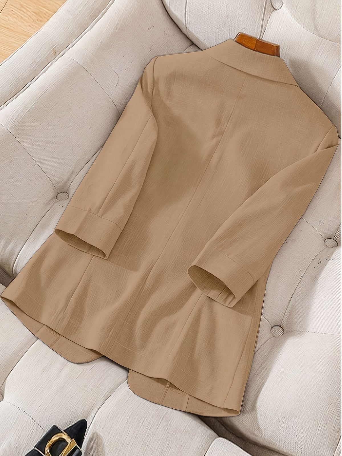 Women's Fashion Lapel | Button | Three-Quarter Sleeve | Pocket | Elegant | Solid Color | Shawl | Casual Blazer | 100% Polyester Lightweight Fabric - Machine Washable - | Office | Casual | Party | Outing First Choice | Versatile Professional Top | - Camel