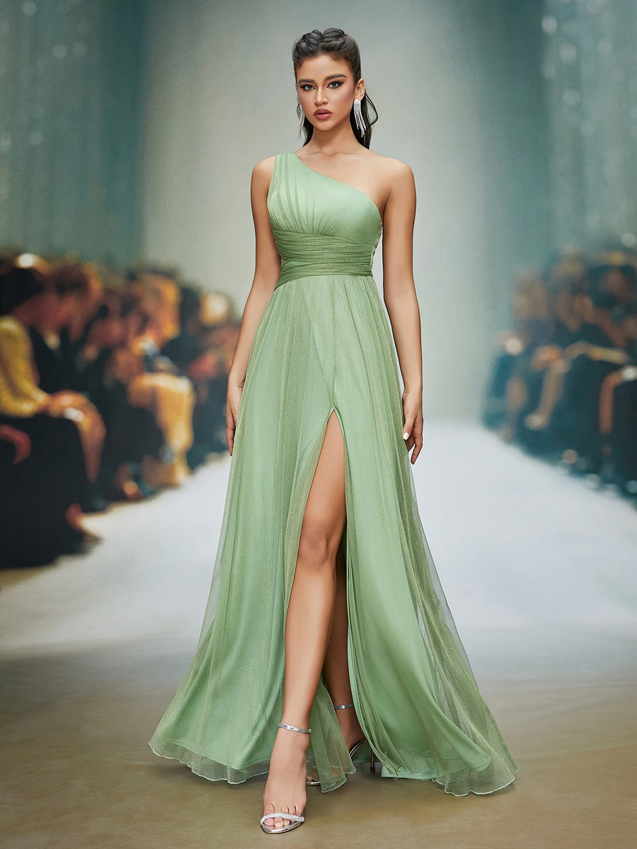 Elegant Directional Pleated Slit Evening Gown, Women'S Evening Dress, Party Dress, Graceful Dress, Unique Design, Exquisite Fabric, Long Dress, Formal Wear, Women'S Fashion - Matcha Color