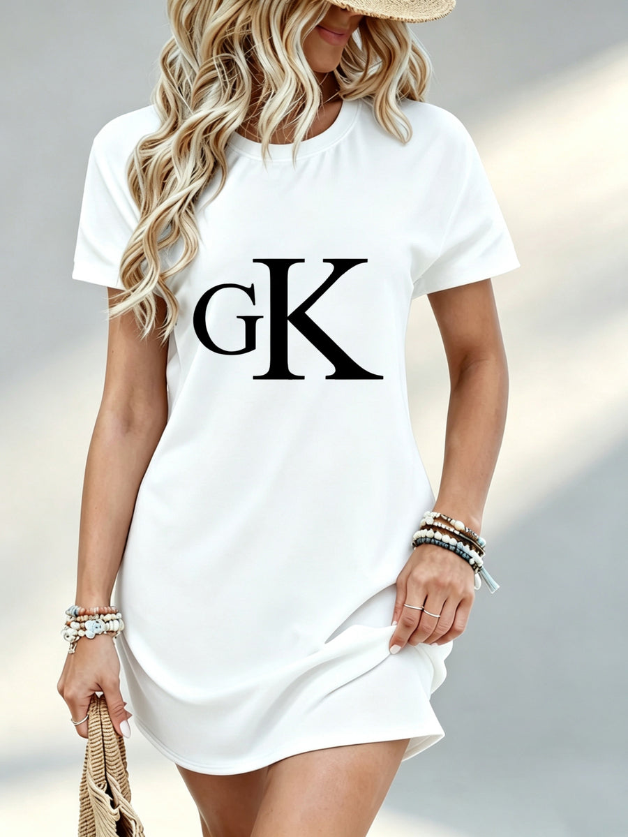 Printed Design Not Textured, Casual Summer Style, Women Dress, GK Letter Print, Beach Vacation, Gift for Girlfriend, 100 Percent Polyester - White