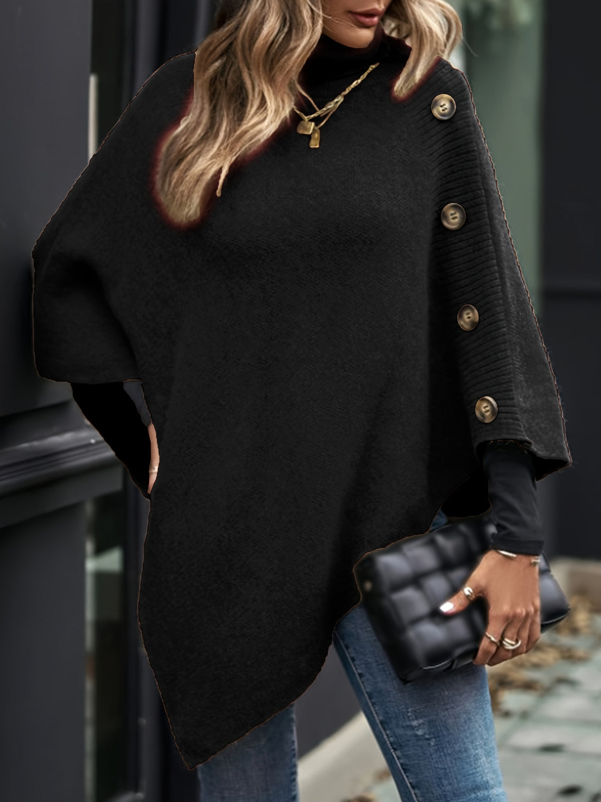 Elegant Special "Slim Fit Bust" 1 Elegant Women's Solid Color High-neck Shawl Pullover, Side Faux Button Decoration, Asymmetrical Design, 100% Polyester, Fashionable and Elegant Vintage Ethnic Style Pullover, Suitable for Spring, Autumn, and Winter - Black