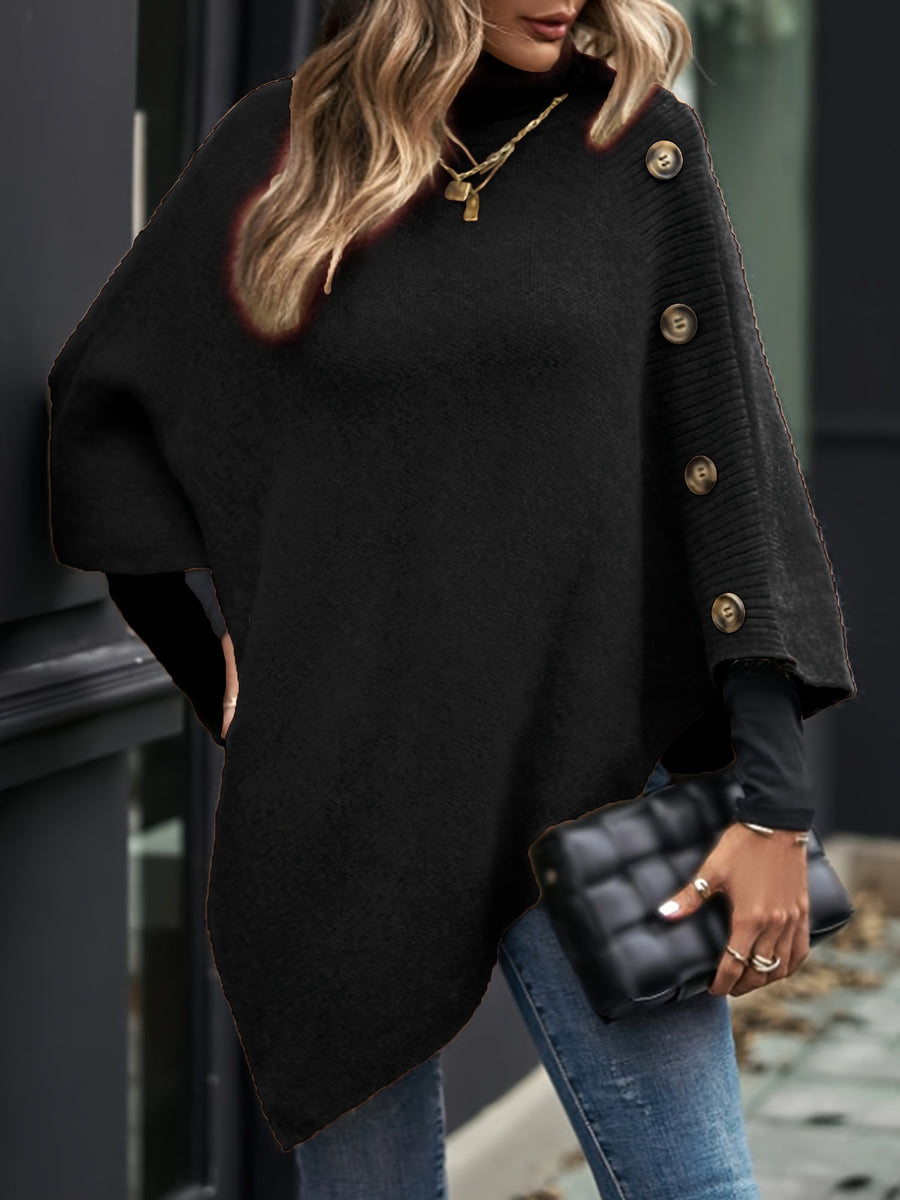 Elegant Special "Slim Fit Bust" 1 Elegant Women's Solid Color High-neck Shawl Pullover, Side Faux Button Decoration, Asymmetrical Design, 100% Polyester, Fashionable and Elegant Vintage Ethnic Style Pullover, Suitable for Spring, Autumn, and Winter - Black