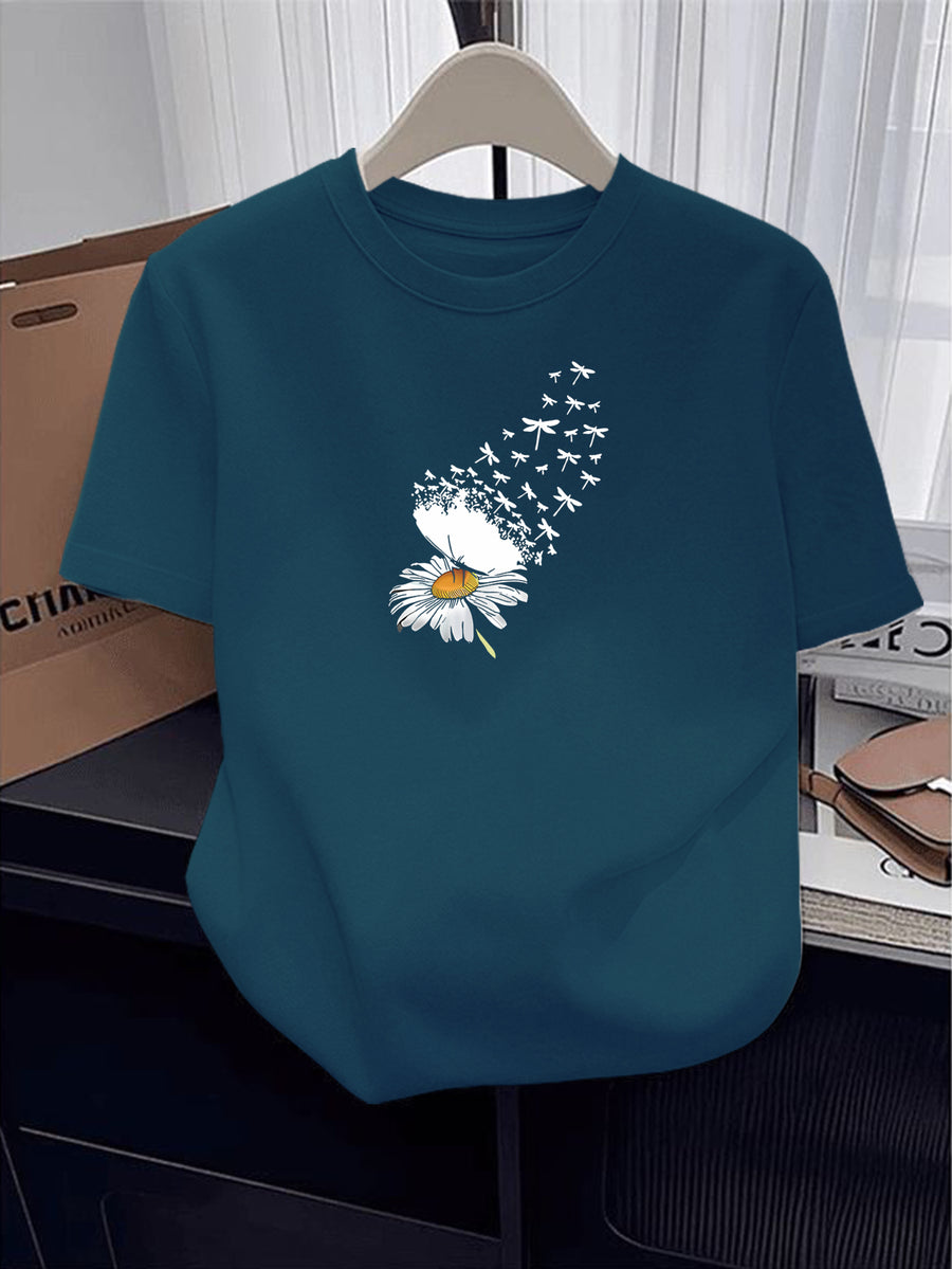 100% Women's T-Shirt, Summer Short Sleeve Lightweight Top, Trendy and Fashionable Standard Fit, Loose, Breathable, Versatile,, Fresh Little Daisy Pattern with Flying Bird Element, Simple and Artistic Design - Blue