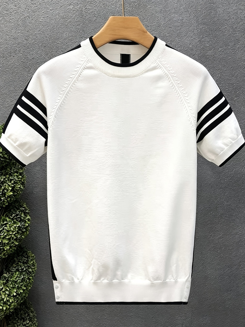 Men'S Knit Pullover Sweater in Stock Summer Light Mature Fashion Brand Contrast Striped Premium Knit Short Sleeve Men'S Round Neck T-Shirt Top - White
