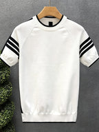 Men'S Knit Pullover Sweater in Stock Summer Light Mature Fashion Brand Contrast Striped Premium Knit Short Sleeve Men'S Round Neck T-Shirt Top - White