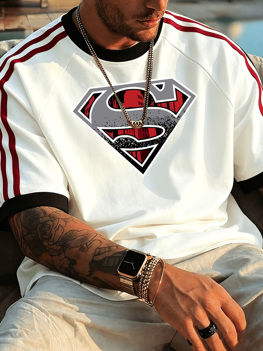 Officially Licensed by Warner Bros. - Men'S 100% Crew Neck Short Sleeve T-Shirt. This New Summer 2026 Style Features a Breathable, Skin-Friendly Fabric with a Superman Print That Exudes a Fresh, Summery Vibe. The Contrasting Stripes Add a Sporty - White