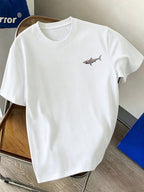 New Men's 100% Pure Cotton T-Shirt with Shark Print, Comfortable and Breathable, Versatile for Summer Casual Wear - White
