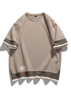 [Joshmay Obm] Summer Men'S Fake Two-Piece Contrast Short Sleeve T-Shirt, Loose Round Neck Trendy Casual Half Sleeve Top - Gray Apricot