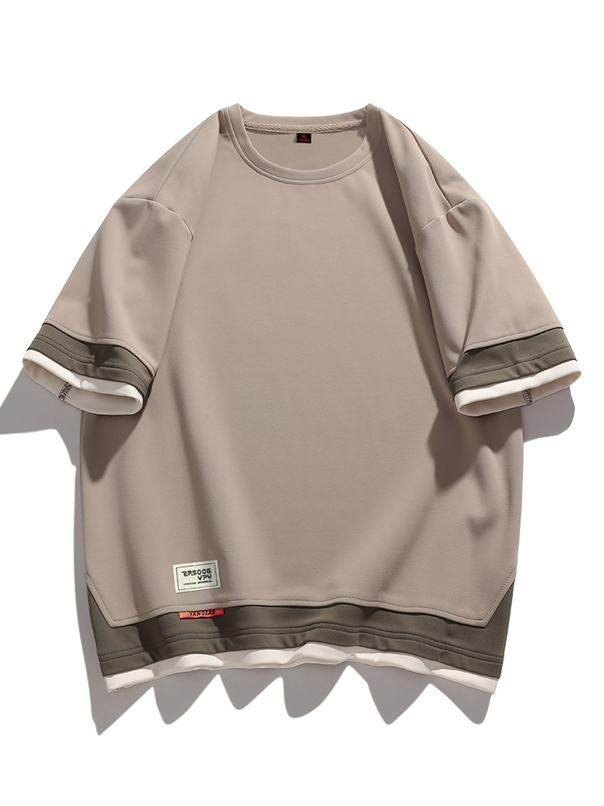 [Joshmay Obm] Summer Men'S Fake Two-Piece Contrast Short Sleeve T-Shirt, Loose Round Neck Trendy Casual Half Sleeve Top - Gray Apricot