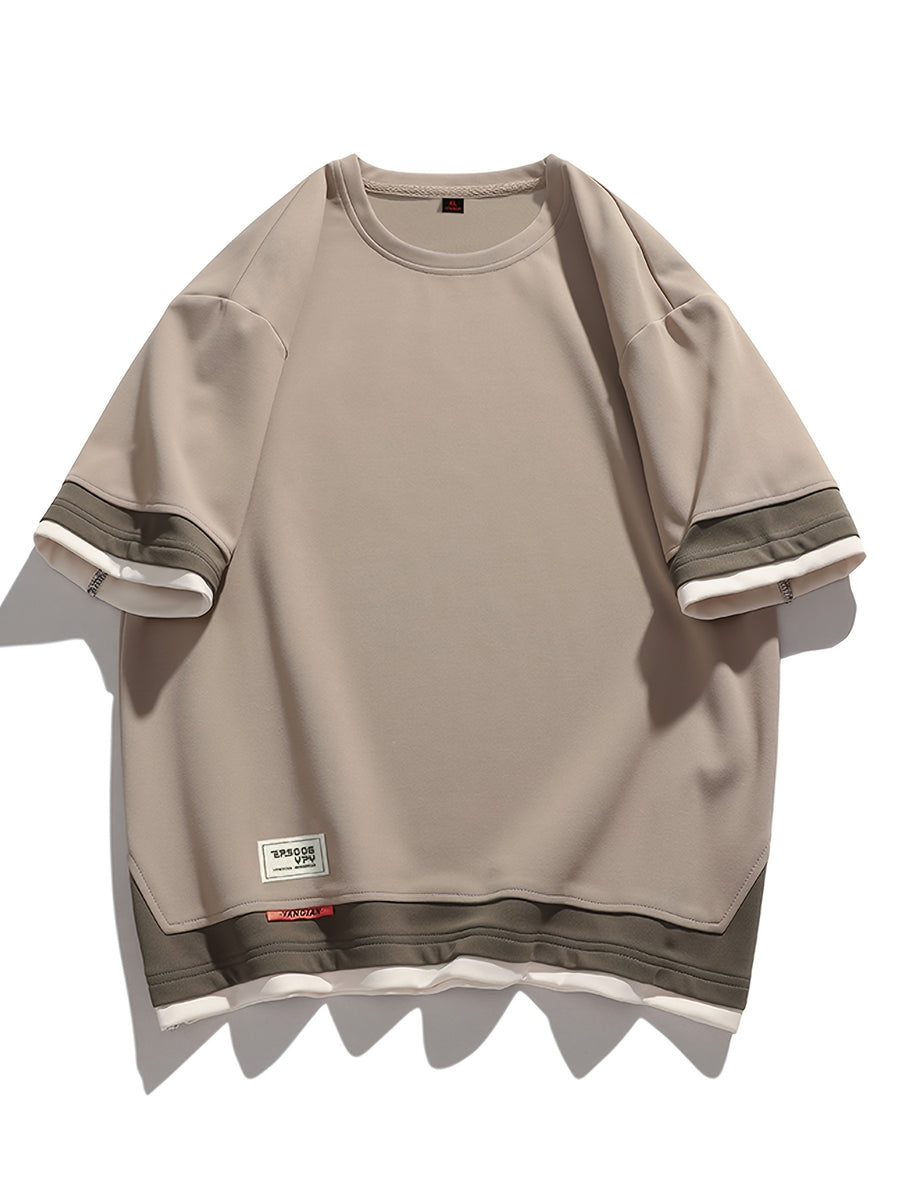 [Joshmay Obm] Summer Men'S Fake Two-Piece Contrast Short Sleeve T-Shirt, Loose Round Neck Trendy Casual Half Sleeve Top - Gray Apricot
