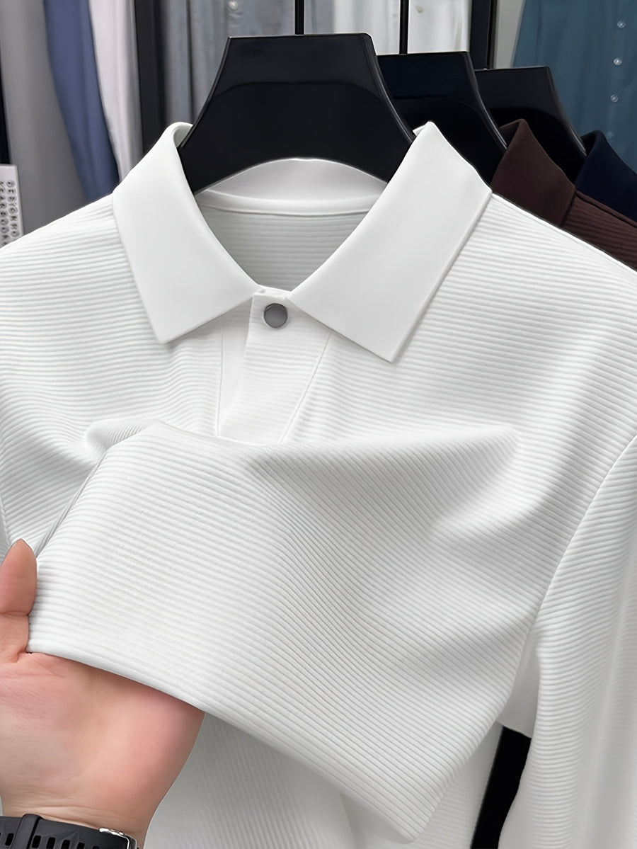 Men'S Lapel Long Sleeve Knit Sweater, Single Metal Button Placket, Long Sleeve Round Cuffs, Light Business Casual Pullover Top - SINBOS - Ivory White