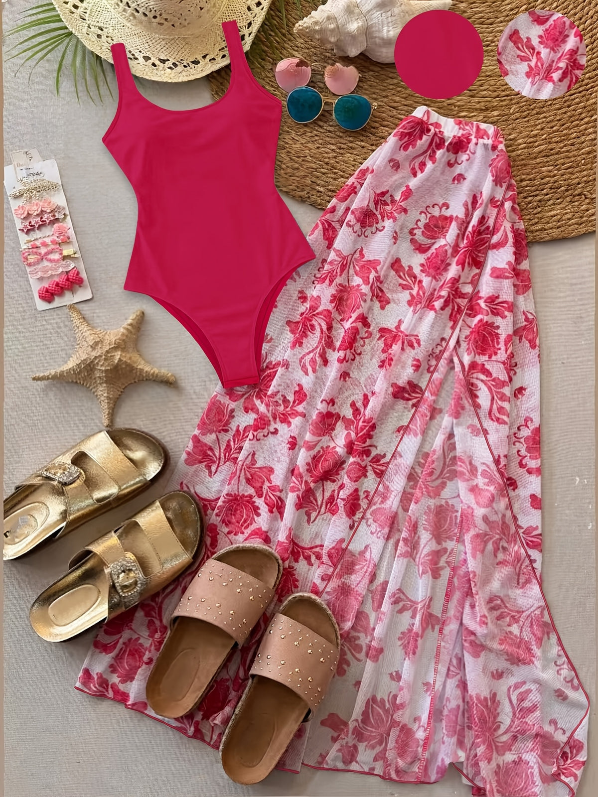 2026 Women'S Summer New Half Skirt Set, Slim Fit Sleeveless Jumpsuit with Camisole&Printed Semi Transparent Mesh Half Skirt Two-Piece Set, Elegant Party Y2K, Suitable for Poster Vacations, Parties, And Socializing - Mixed Color 1