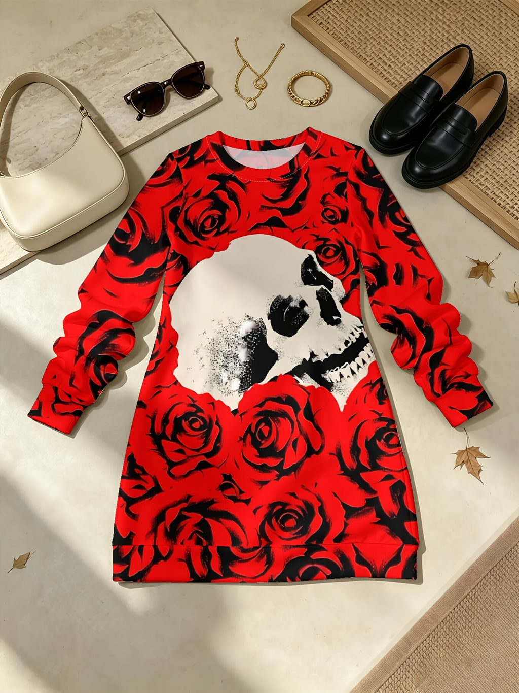 Women's Gothic Full-Body Print Dress with Skull & Red Roses - Long Sleeve A-Line Dress Suitable for Commuting, Home, Dating | Crew Neck Straight Hem Tunic Dress for Fall/Winter, Casual to Dressy Outfits - Multicolor